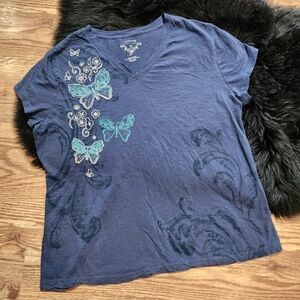 Navy Blue Top with Teal Butterflies Short Sleeve T-Shirt Women's Petite XL